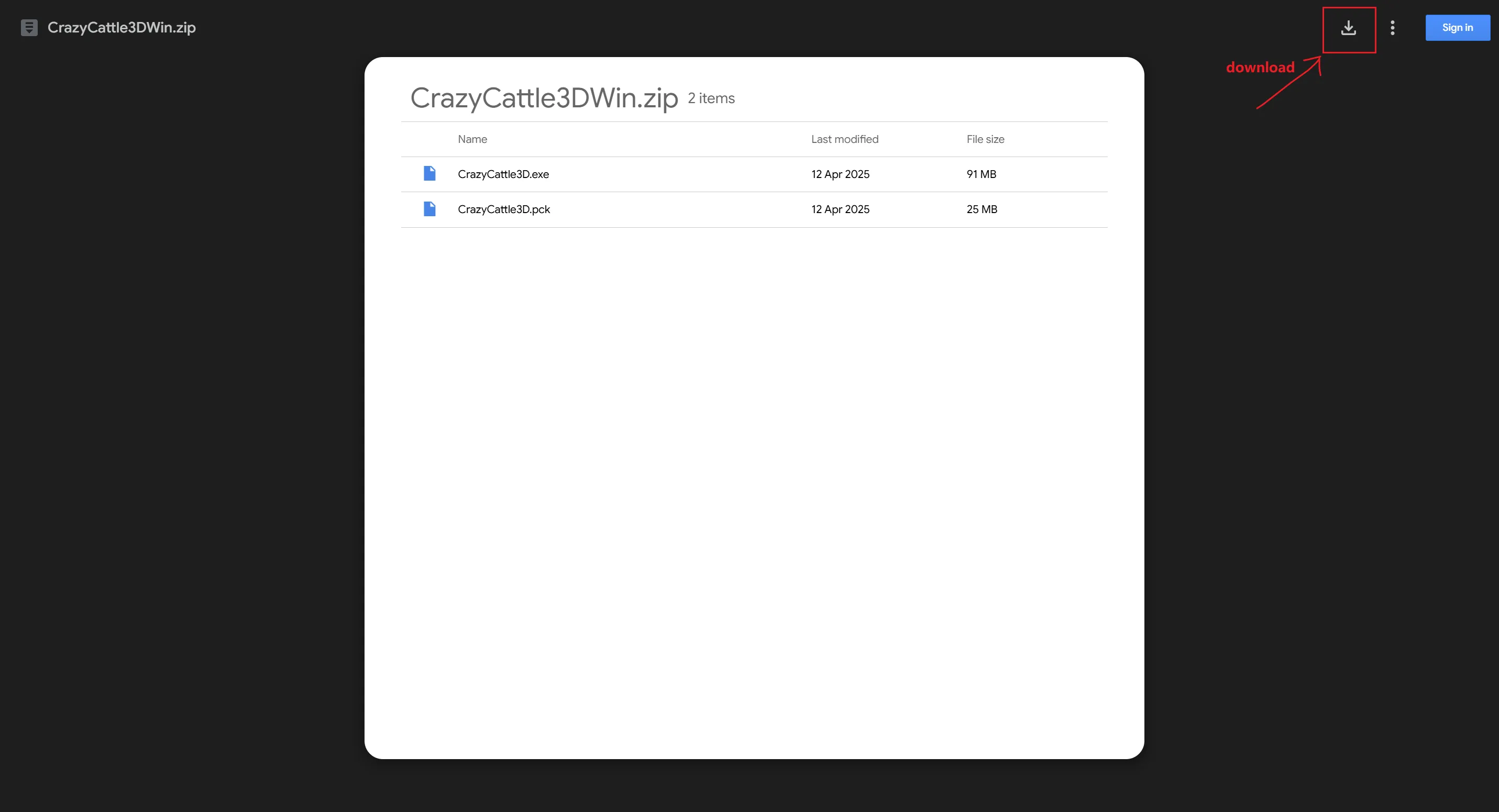 Google Drive Download Example for Crazy Cattle 3D